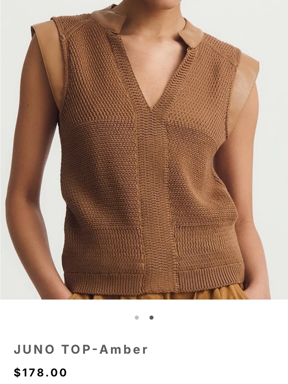 MELISSA NEPTON Juno top Amber V-Neck Sleeveless Knit Top with Faux‑Leather Trim